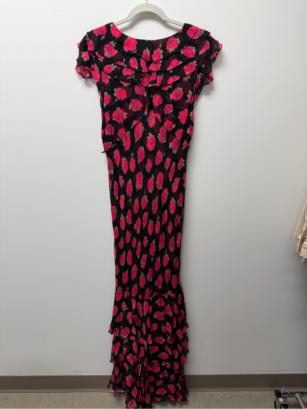 RIXO Black Maxi Dress with Hot Pink Floral Print